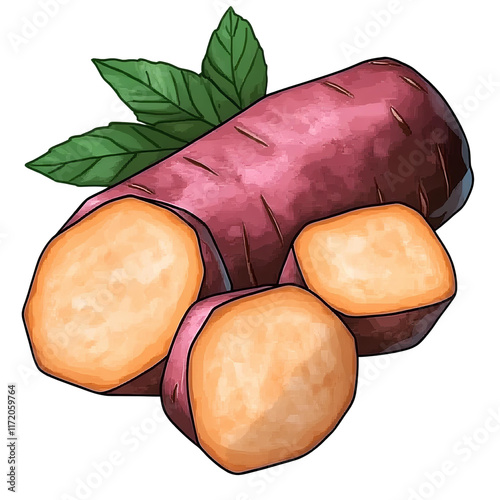 sweet potato slices with leaves digital illustration