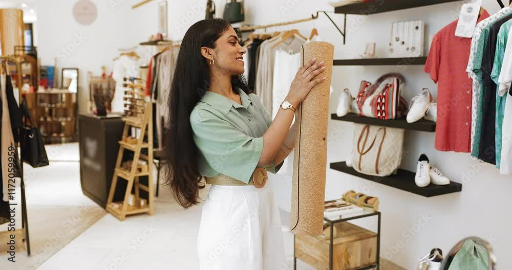 Young Indian woman, modern boutique store customer dressed in casual clothes, examining texture and quality of rolled-up cork yoga mat for workouts. Choosing goods, consumerism, shopping, lifestyle