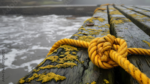 A close-up of a weathered wooden pier covered in moss, with a yellow rope tied around it. the water is choppy and there is a lot of fog in the background. Tidepool. Illustration