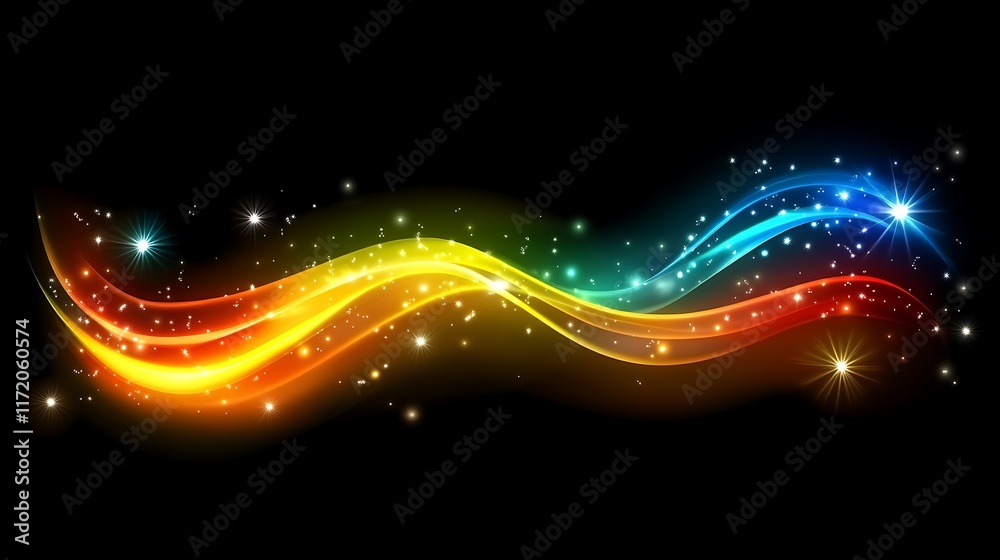 Obraz premium Rainbow Light Waves Sparkle Across Dark Background