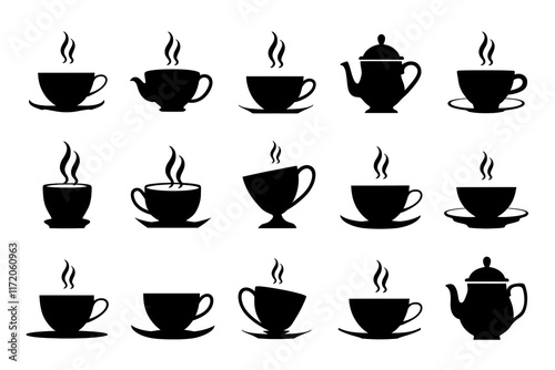 black tea and coffee cup and teapot silhouette pattern for beverage themed decoration