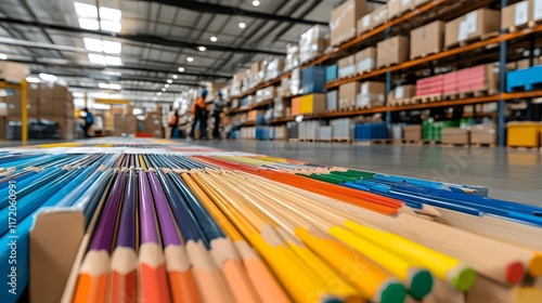 Colorful collection of wooden pencils arranged on warehouse floor with blurred background of organized shelves and workers in a modern distribution center