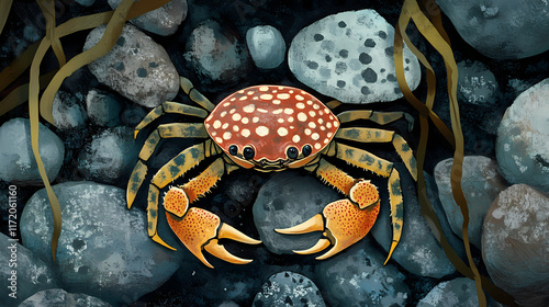 A red-spotted crab amongst smooth rocks and seaweed. Tidepool. Illustration photo