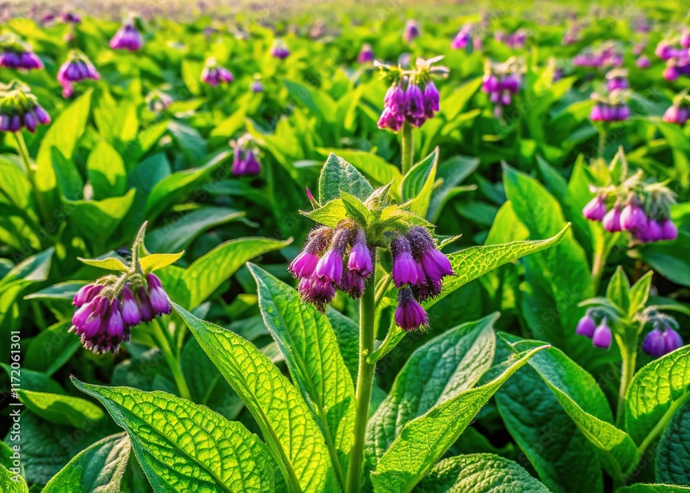 Aerial View of Common Comfrey (Symphytum officinale) Field, Blooming Herbal Plant Aerial View of Common Comfrey (Symphytum officinale) Field, Blooming Herbal Plant