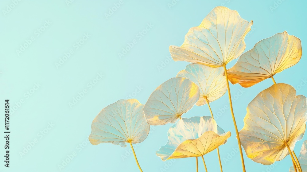 Obraz premium Delicate gold lotus leaves with artistic shading on a light blue gradient background 