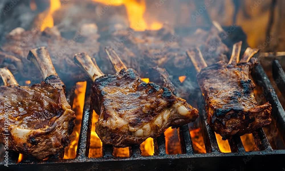 A close-up of grilled lamb chops sizzling on a barbecue, surrounded by flames and smoke, showcasing a delicious cooking process.