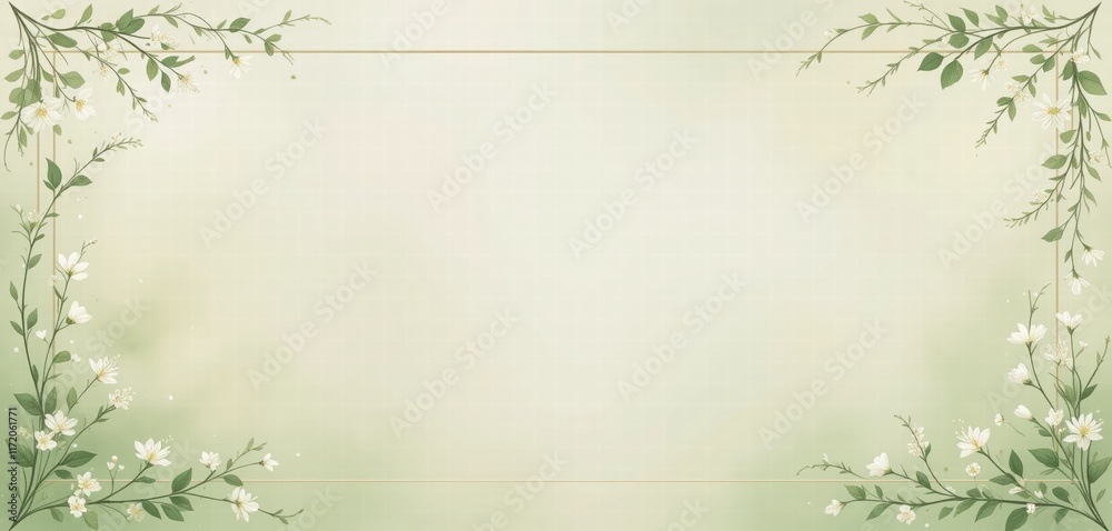 Fototapeta premium A serene green background embellished with white flowers and leaves, offering a refreshing and peaceful visual experience