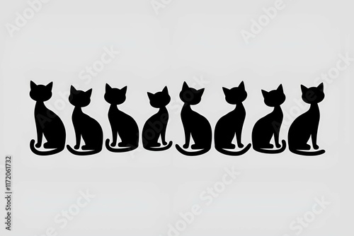 silhouette of black cats sitting in a row on a white background for art and decorative purposes photo