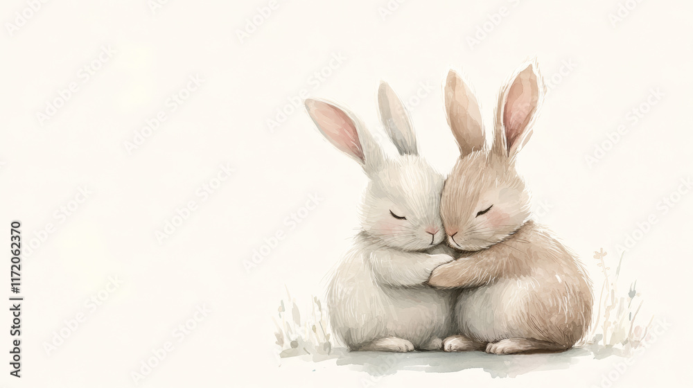 Obraz premium Valentine's Day sweet watercolor illustration of two rabbits embracing, conveying warmth and love