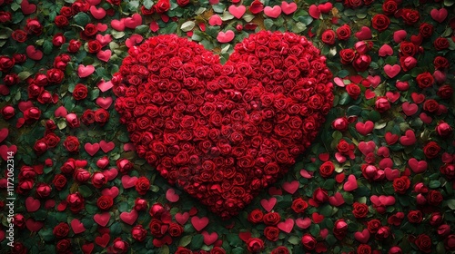 A heart crafted from vibrant red roses, elegantly framed by lush green leaves, symbolizing love and romance for Valentine's Day.