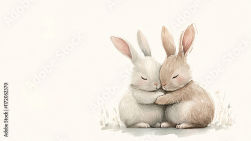 Fototapeta Naklejka Na Ścianę i Meble -  Valentine's Day sweet watercolor illustration of two rabbits embracing, conveying warmth and love