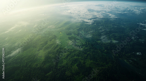 Wallpaper Mural Aerial view of lush green forest and mountains at sunrise. Torontodigital.ca