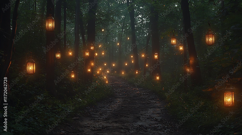 Enchanting path in a mystical forest at night, illuminated by hanging lanterns. Enchanting path in a mystical forest at night, illuminated by hanging lanterns.