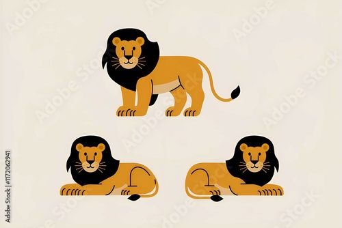 lions in standing and resting poses with majestic manes showing power and strength in a simple design photo