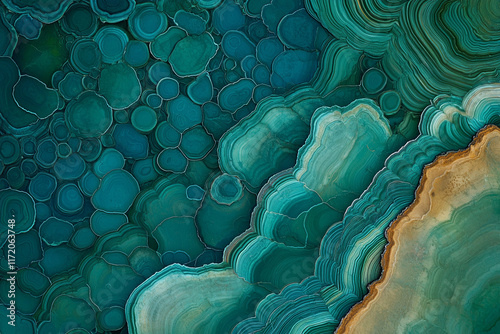 Abstract teal and gold marbled texture.