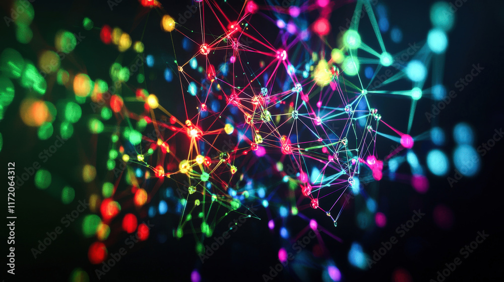 Fototapeta premium A futuristic 3D network graph with interconnected nodes, glowing in electric colors against a dark background, visualizing complex data relationships with a high-tech and cyber-inspired aesthetic.