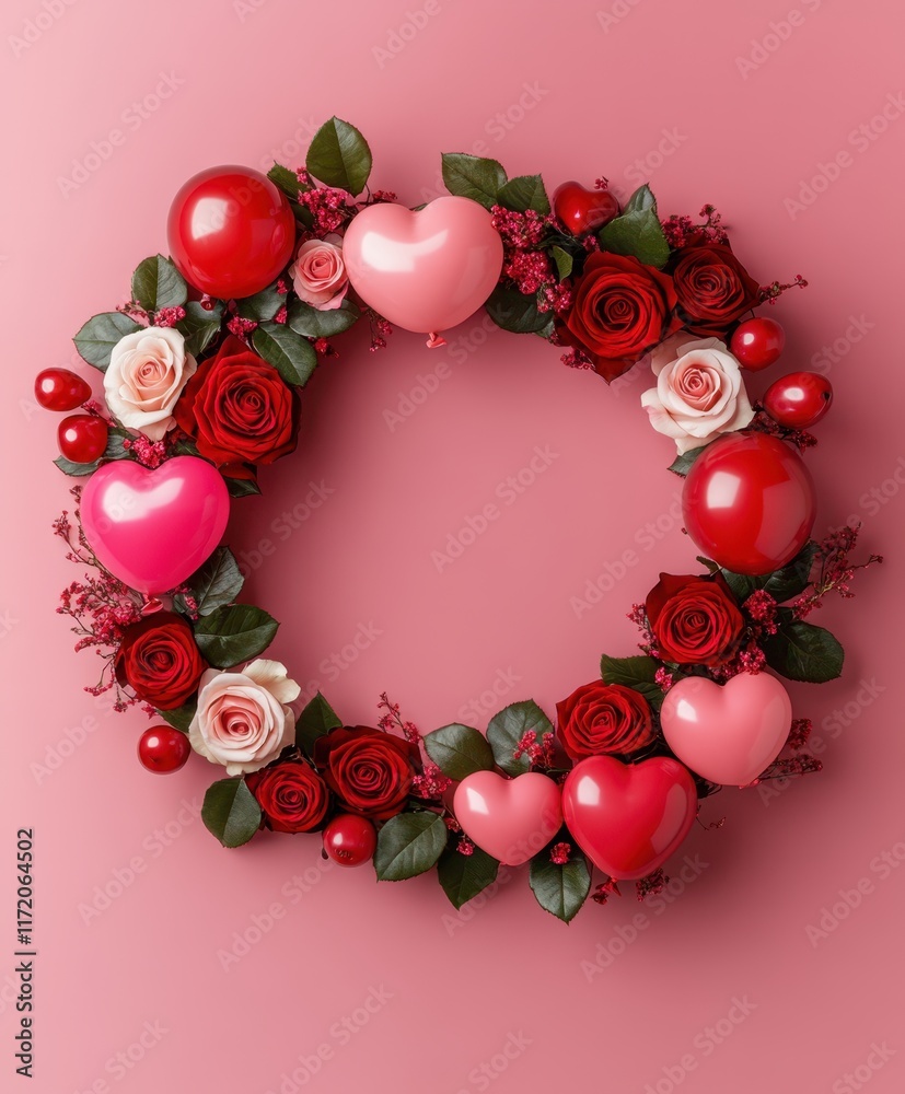 Obraz premium A beautiful wreath crafted from vibrant roses and decorative hearts, set against a soft pink background, perfect for celebrating love on Valentine's Day.