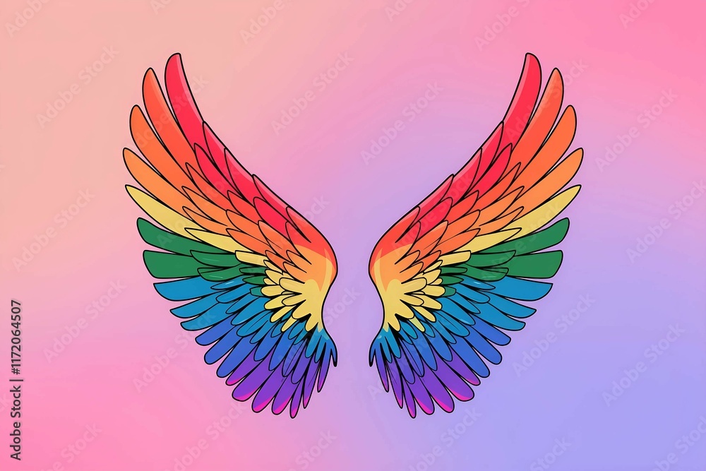 Obraz premium artistic vibrant rainbow wings design featuring colorful feathers on a soft pink and purple gradient background