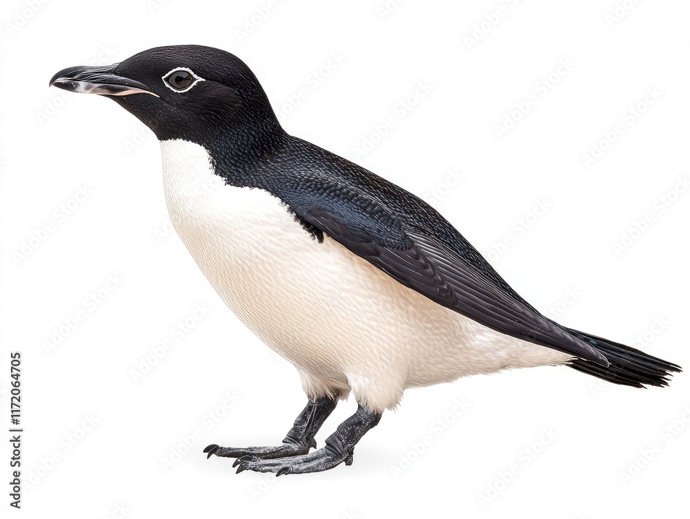 A side view of a penguin showcasing its distinct black and white plumage. A side view of a penguin showcasing its distinct black and white plumage.