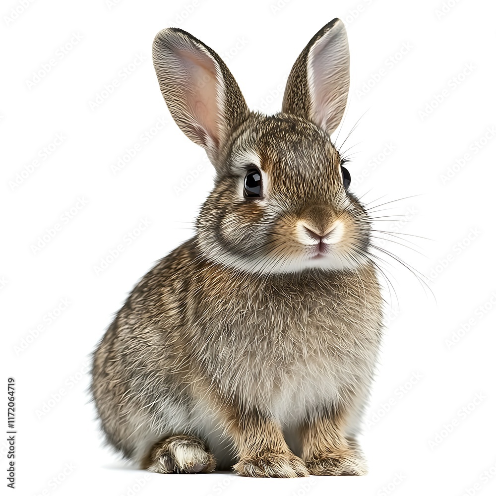 Adorable brown bunny rabbit sitting, studio shot, white background, pet animal image.