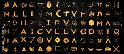 Golden symbols on black background.