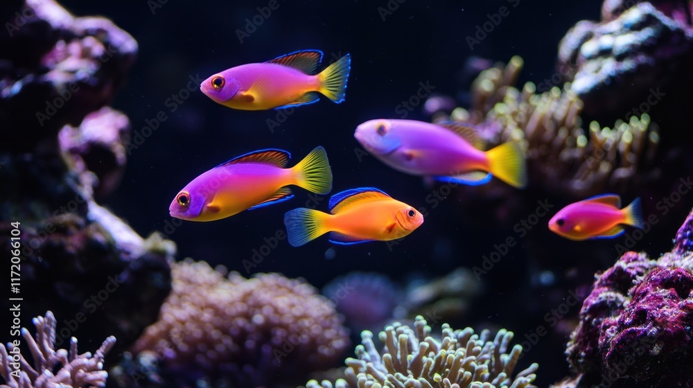 Obraz premium A vibrant underwater scene featuring colorful fish swimming among coral.