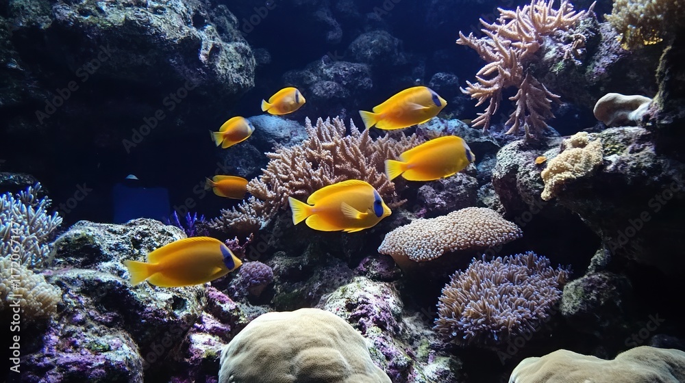 Obraz premium A vibrant underwater scene featuring yellow fish swimming among coral reefs.