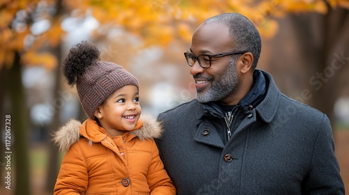 Happy grandfather and granddaughter in autumn park.