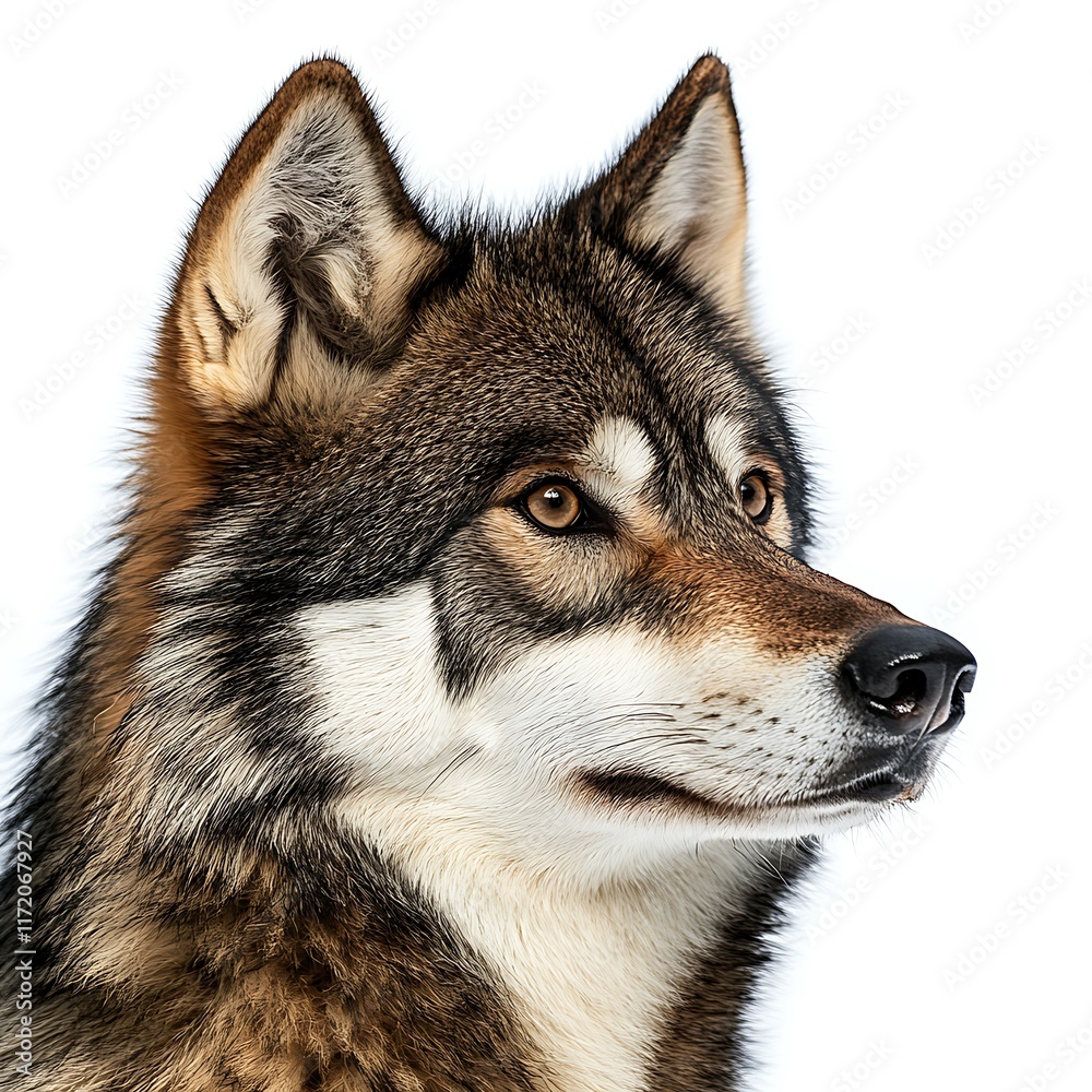 Obraz premium Wolf portrait, looking right, white background, wildlife photography, for nature websites.