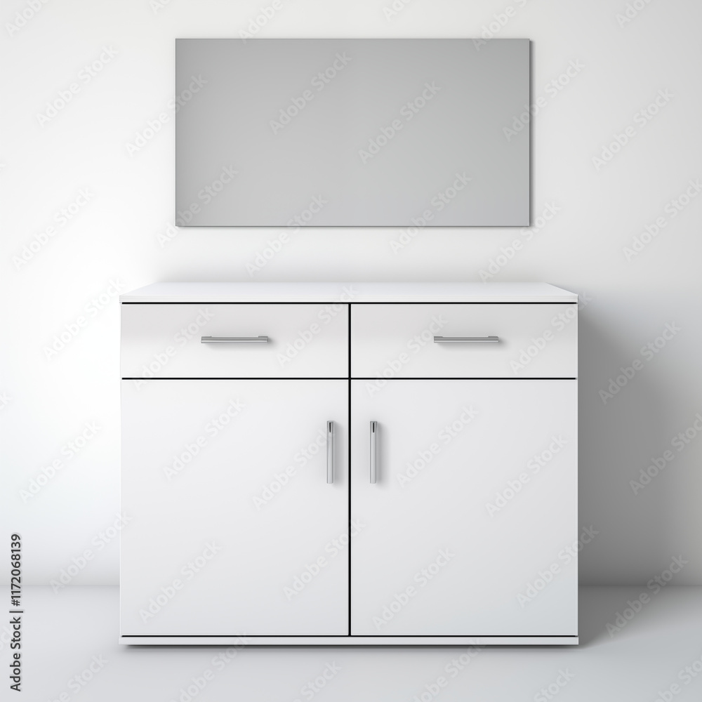 Fototapeta premium White Modern Cabinet with Mirror Two Drawers Minimalist Design