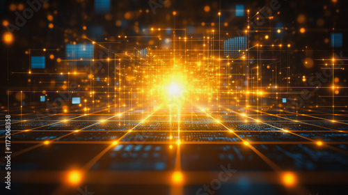 Digital Horizon: A mesmerizing digital art depicting a futuristic landscape of glowing particles and data streams, creating a sense of boundless technological potential and innovation. 