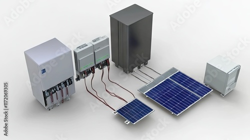 Diagram of solar energy system components with batteries and solar panels.