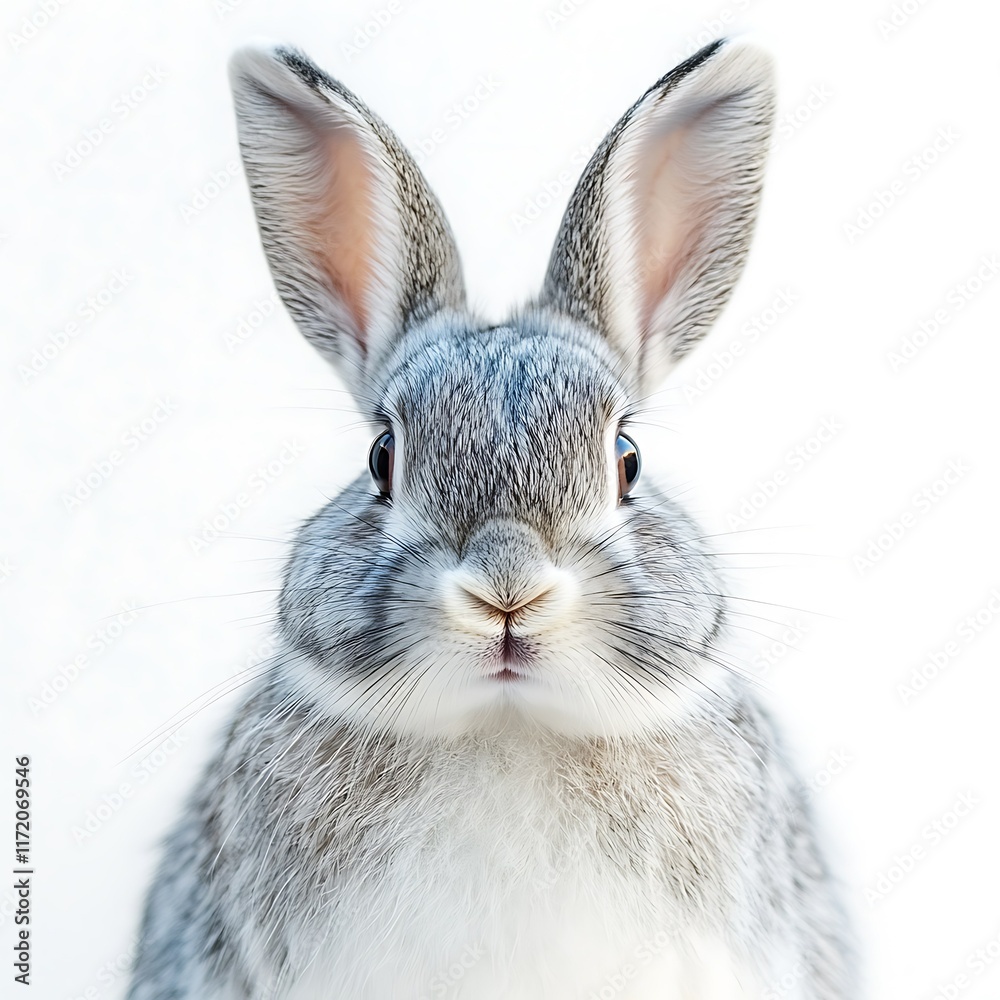 Obraz premium Grey bunny rabbit portrait, studio shot, white background, Easter.
