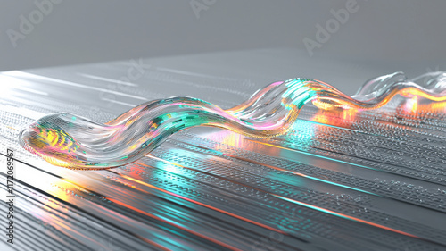 A futuristic alluvial diagram with glowing, flowing paths in radiant colors, displayed against a polished metallic surface, creating a sleek, high-tech data visualization with a modern