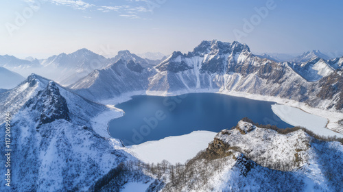 Aerial view of Changbai Mountain with frozen lake surrounded by snow covered peaks, showcasing serene beauty of winter landscapes