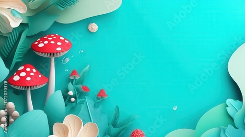 An  illustration of button mushroom with turqoise background.