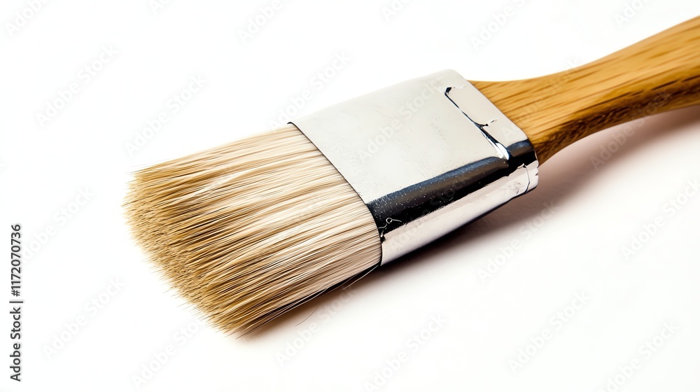 Paintbrush with wooden handle, detailed close-up on white isolated background. Paintbrush with wooden handle, detailed close-up on white isolated background.