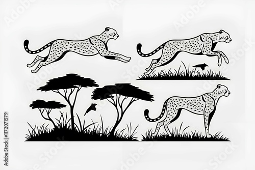 silhouette of two cheetahs running in the savannah with trees in the background, symbolizing speed, wildlife, and nature, ideal for animal-themed projects and creative natural designs. photo