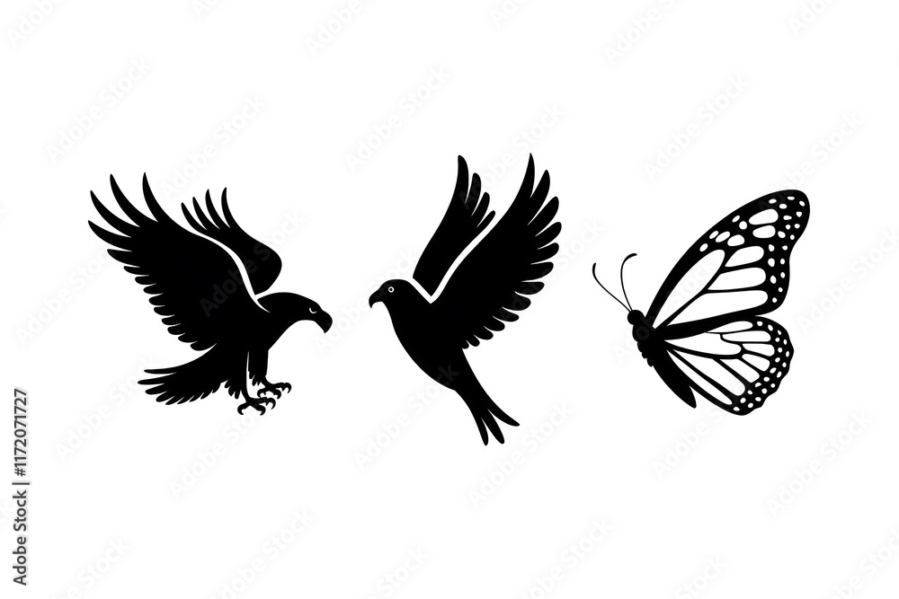 Fototapeta premium silhouette of a flying bird and butterfly, showcasing the beauty of nature and wildlife in simple shapes, ideal for creative designs, natural themes, and decorative illustrations.