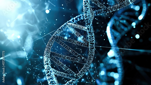 A futuristic biotechnology lab focused on genome editing, where scientists analyze glowing DNA strands and interact with holographic data displays, advancing genetic research in a high-tech environmen