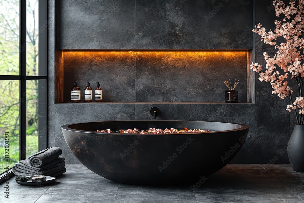 Luxury Black Freestanding Tub in Modern Spa Bathroom Luxury Black Freestanding Tub in Modern Spa Bathroom