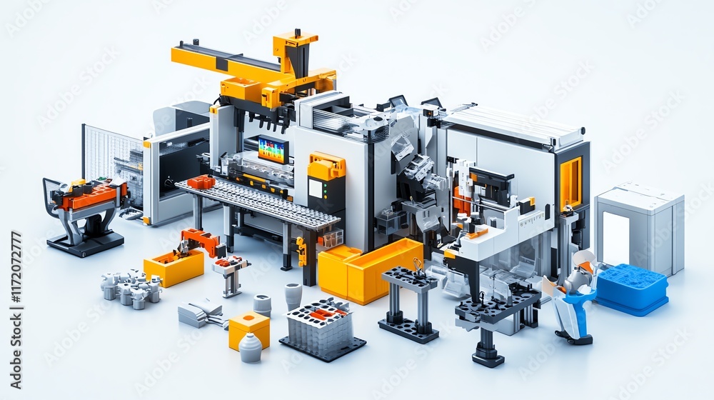 Industrial machinery model with various components on white isolated background. Industrial machinery model with various components on white isolated background.