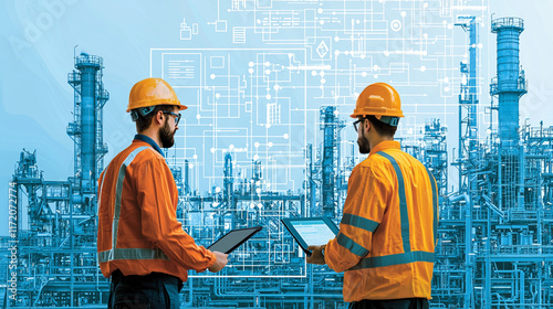 Two engineers reviewing digital refinery schematics.