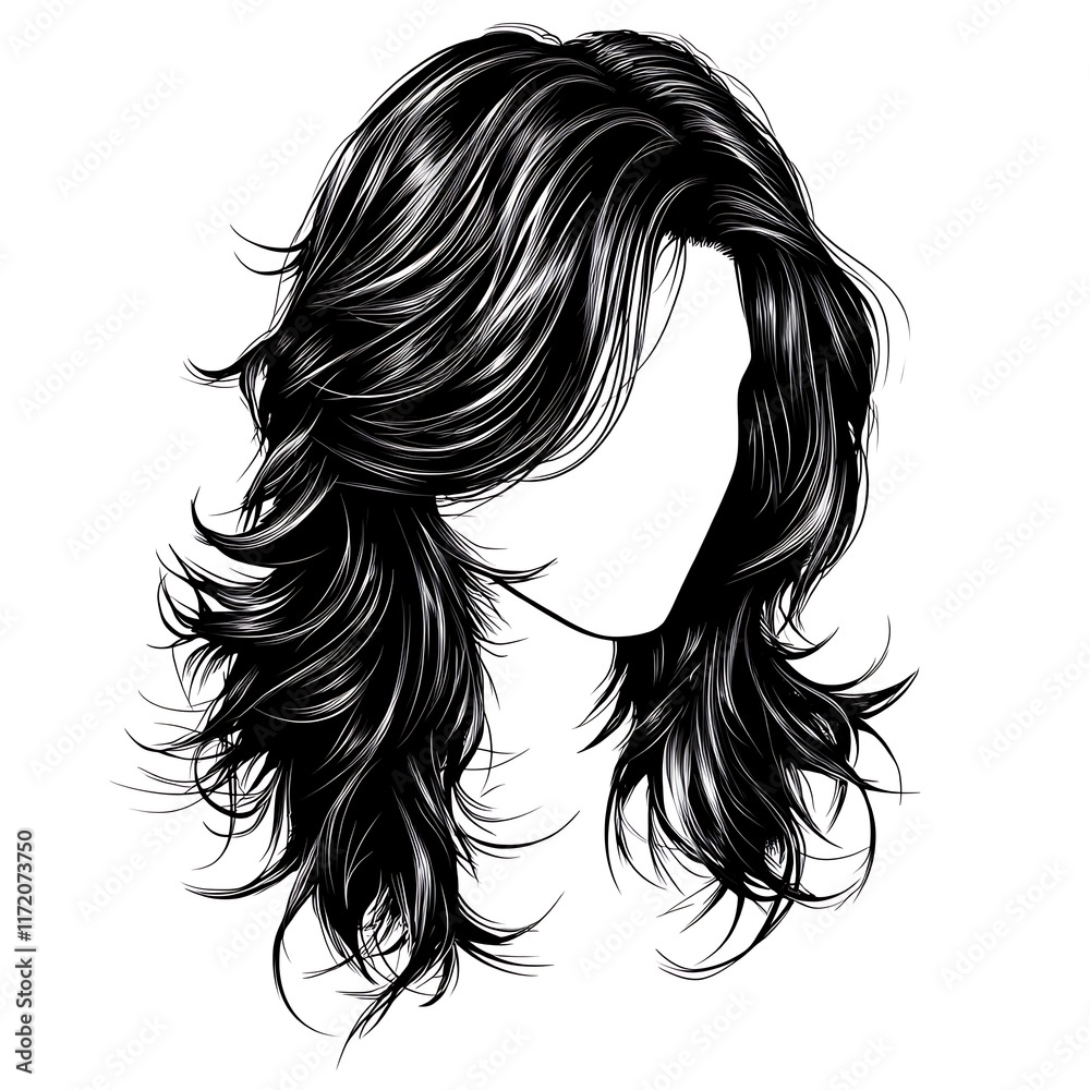 Stylish Black Wavy Hairstyle Illustration A Monochrome Graphic of Long, Layered Hair. Stylish Black Wavy Hairstyle Illustration A Monochrome Graphic of Long, Layered Hair.