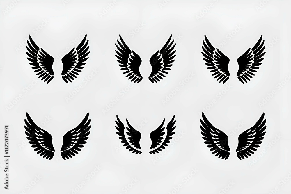 Obraz premium artistic arrangement of black wing silhouettes symbolizing freedom, spirituality, and inspiration, ideal for creative, spiritual, or symbolic designs. 
