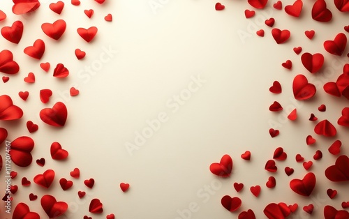 A collection of vibrant red hearts is artistically scattered across a clean white background, evoking feelings of love and affection perfect for Valentine's Day.