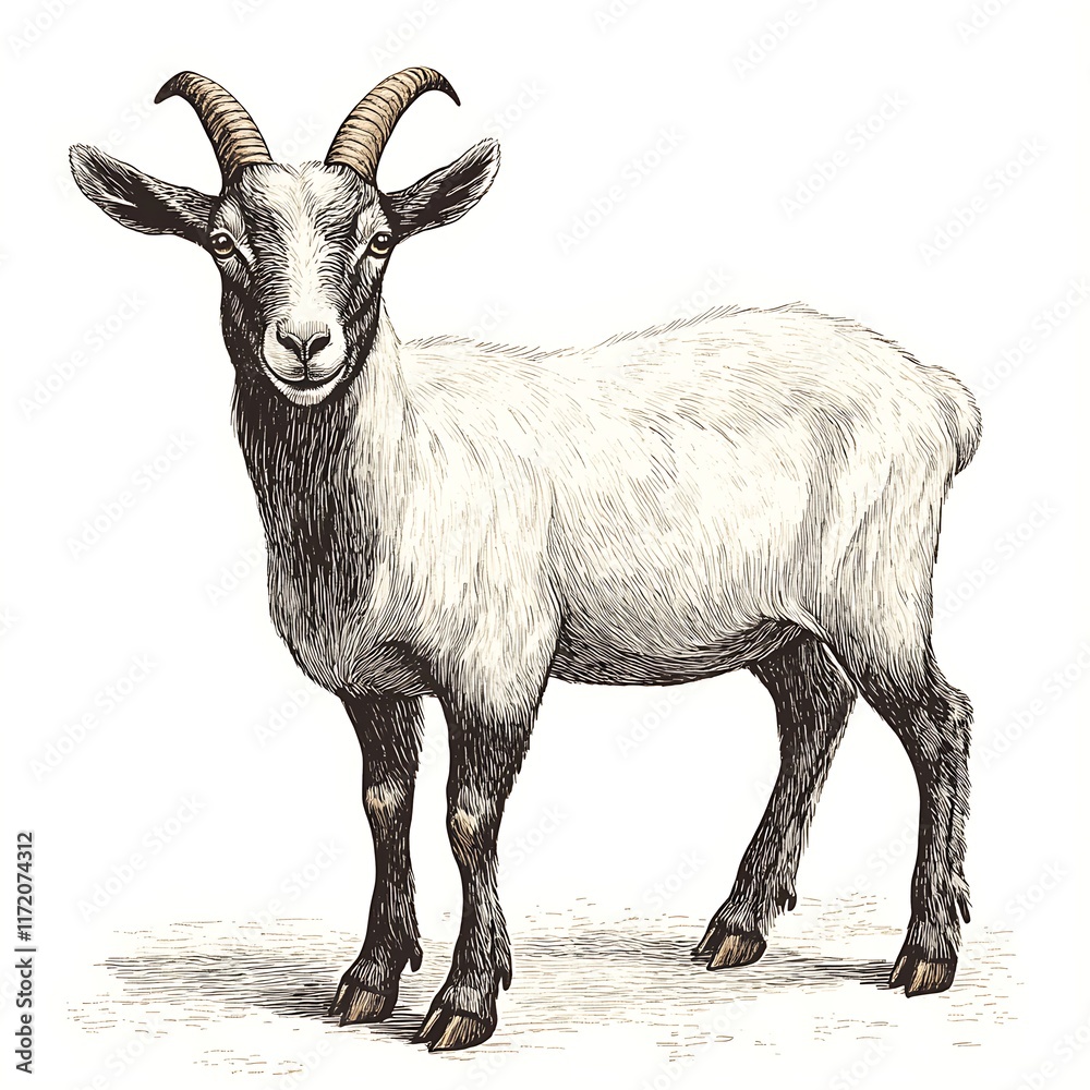 Fototapeta premium Detailed Engraving Illustration of a Goat Standing Against a White Background.