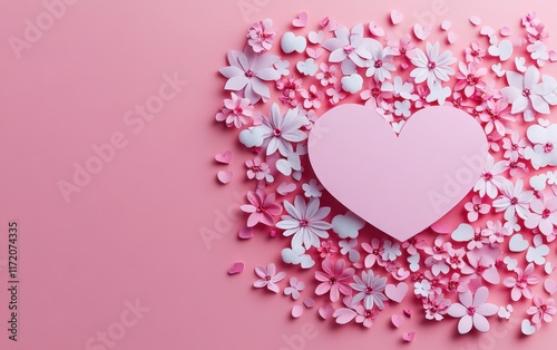 A heart-shaped paper sits elegantly among vibrant flowers, set against a soft pink background, evoking romance and affection for Valentine's Day.
