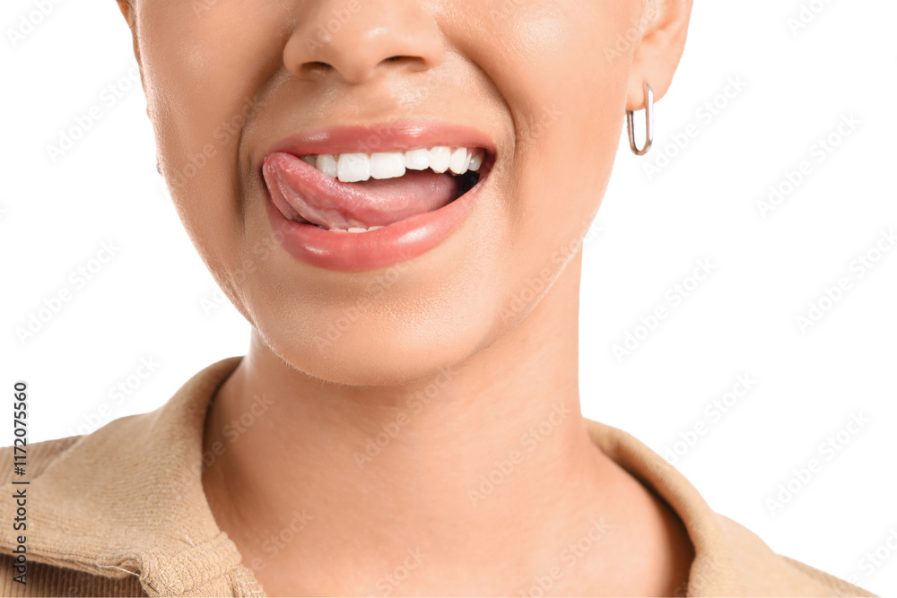 Young woman showing tongue on white background, closeup Young woman showing tongue on white background, closeup
