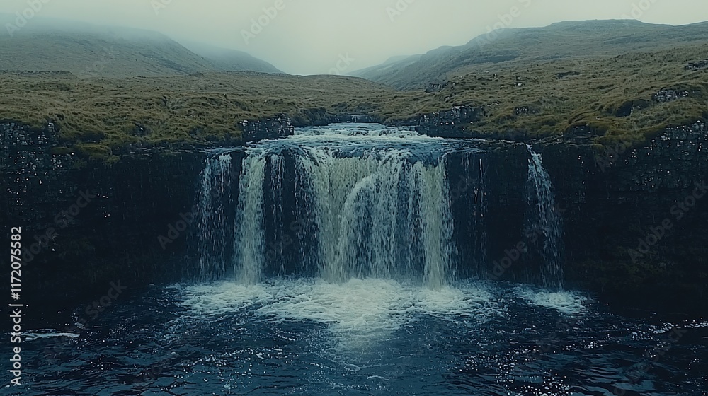 Fototapeta premium Misty mountain waterfall cascading into a tranquil pool.